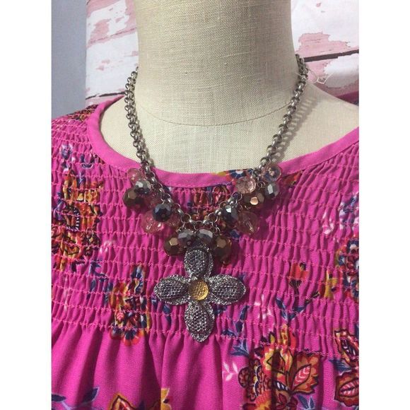 NWT New Bohemian Flower Beaded Necklace Silver & Gold Chunky Chain 20” - Picture 15 of 16